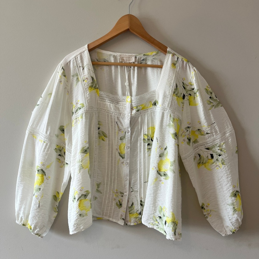 Hester & Orchard Lemon Print Blouse Cottagecore Ivory Yellow XL NWT Lace Trim